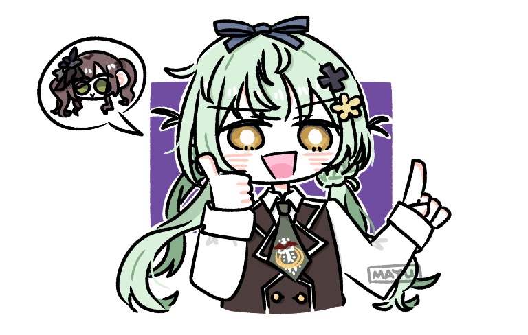 2girls :&gt; :d artist_name assault_lily black_flower black_vest bright_pupils brown_hair chibi closed_mouth collared_shirt commentary cropped_torso flower green_eyes green_hair green_necktie hair_flower hair_ornament hands_up index_finger_raised kamigoori_marimo long_sleeves looking_at_viewer low_twintails mayu_(yu_e1602) multiple_girls necktie open_mouth purple_background school_emblem school_uniform shirt short_necktie smile speech_bubble spoken_character thumbs_up twintails two-tone_background ueda_imari upper_body v-shaped_eyebrows vest white_background white_pupils white_shirt yellow_eyes yellow_flower