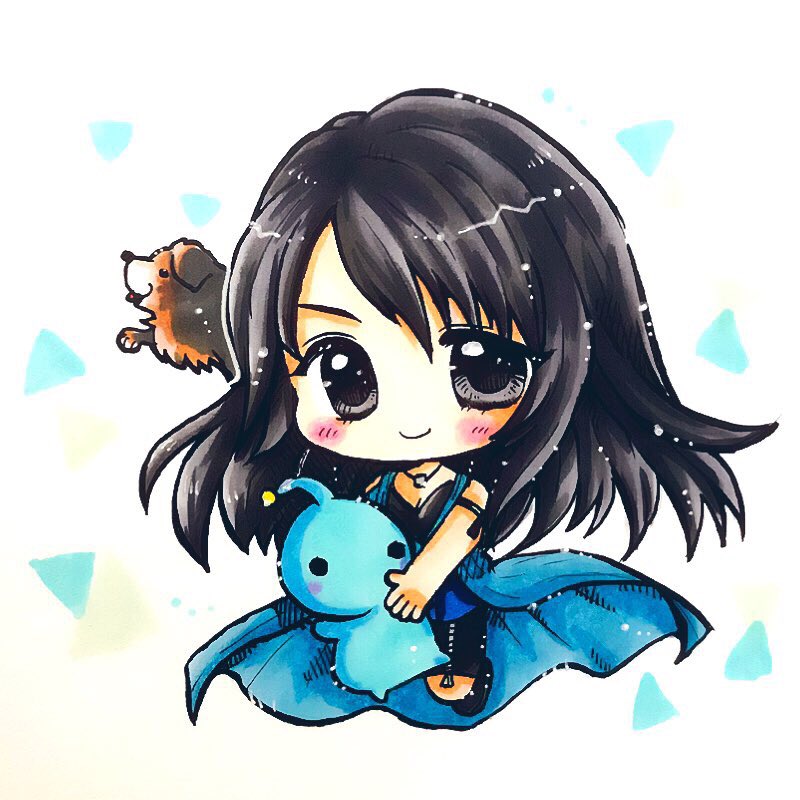 1girl angelo_(ff8) animal arm_ribbon bike_shorts black_footwear black_hair black_ribbon black_shirt black_shorts blush brown_fur chibi coat dog feet_up final_fantasy final_fantasy_viii full_body grey_eyes happy holding holding_animal jewelry long_hair looking_at_viewer marker_(medium) necklace patterned_background pupu_(ff8) ribbon rinoa_heartilly shirt shorts sleeveless sleeveless_coat smile solid_circle_eyes solo tongue tongue_out traditional_media triangle v-neck yuunagi_ryuuka