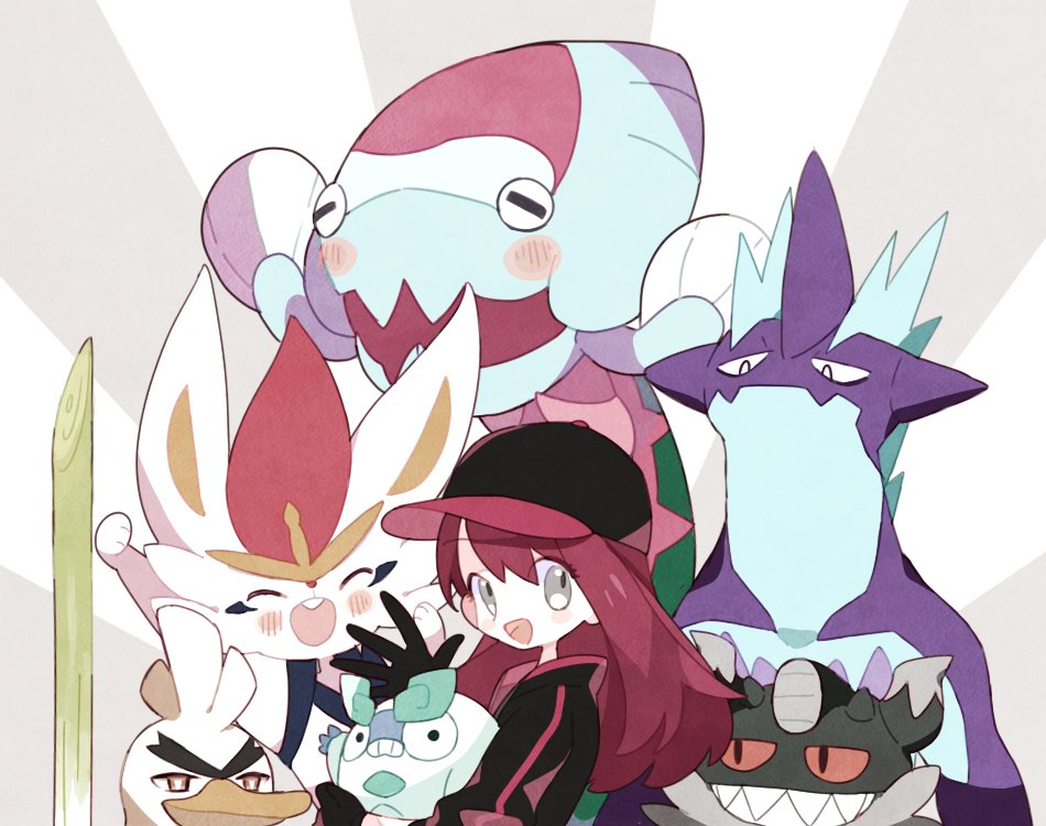 &gt;:) 1girl animal arm_up arms_up baseball_cap black_eyes black_gloves black_headwear black_jacket blush_stickers brown_eyes buck_teeth cinderace closed_eyes colored_sclera commentary dracovish galarian_darumaka galarian_form galarian_meowth gen_8_pokemon gloves grey_background grey_eyes grey_fur grin hand_up happy hat holding holding_animal holding_pokemon jacket long_hair long_sleeves mgomurainu nintendo open_clothes open_jacket open_mouth original pokemon pokemon_(creature) pokemon_swsh red_fur red_hair red_sclera sharp_teeth sirfetch&#039;d smile standing striped_background teeth toxtricity toxtricity_(low_key) upper_body v-shaped_eyebrows waving white_fur wide-eyed