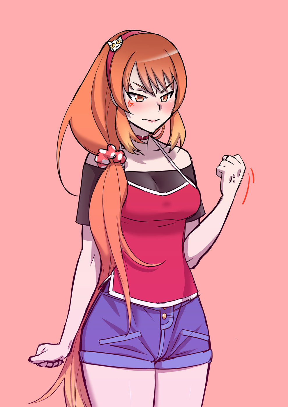 1girl alternate_hairstyle angry black_shirt blush cat_hair_ornament choker denim denim_shorts female_focus hair_ornament hairband highres kjech osana_najimi_(yandere_simulator) raised_fist shirt shorts solo tank_top tsundere yandere_simulator
