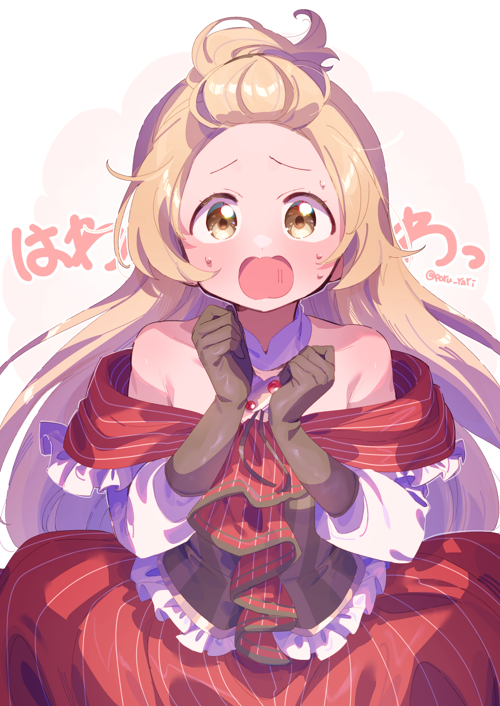 1girl ascot azumi_hagumu bangs_pinned_back blonde_hair blush bolo_tie brooch brown_corset brown_gloves clenched_hands corset dot_nose dress frilled_corset frilled_dress frills gloves green_eyes hands_up highres jewelry magia_record:_mahou_shoujo_madoka_magica_gaiden mahou_shoujo_madoka_magica off-shoulder_dress off_shoulder open_mouth paru_rari red_dress simple_background solo striped_clothes striped_dress twitter_username upper_body vertical-striped_clothes vertical-striped_dress white_sleeves