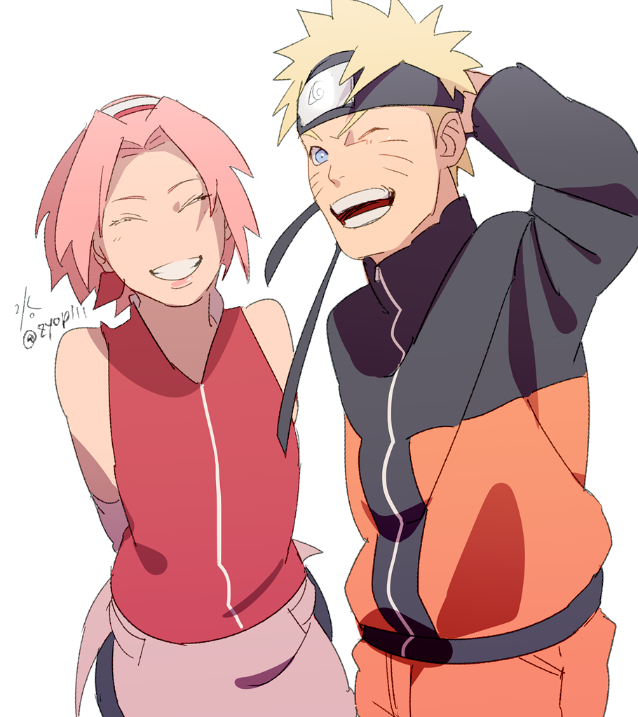 1boy 1girl ;d blonde_hair blue_eyes closed_eyes facing_viewer forehead_protector haruno_sakura jacket konohagakure_symbol looking_at_viewer naruto_(series) naruto_shippuuden ninja one_eye_closed open_mouth orange_jacket pink_hair red_shirt shirt short_hair simple_background sleeveless sleeveless_shirt smile spiked_hair uzumaki_naruto white_background zifletts