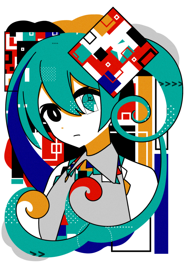1girl abstract aqua_eyes aqua_hair bare_shoulders black_eyes bright_pupils closed_mouth collared_shirt colored_skin commentary expressionless golden_rectangle golden_spiral grey_shirt hair_between_eyes hatsune_miku heterochromia long_hair looking_at_viewer machigami_yoh multicolored_background multicolored_necktie necktie pop_art shirt sleeveless sleeveless_shirt solo twintails upper_body vocaloid white_pupils white_skin