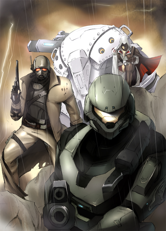 3boys armor assassin&#039;s_creed assassin&#039;s_creed_(series) assassin&#039;s_creed_ii assault_rifle capcom cape courier_(fallout:_new_vegas) crossover epic ezio_auditore_da_firenze fallout fallout:_new_vegas gun halo:_reach halo_(game) halo_(series) handgun helmet km_yama lost_planet male_focus mecha monster_hunter_(series) multiple_boys ncr ncr_veteran_ranger power_armor power_suit ptx-40a rain revolver rifle robot spartan spartan-b312 spartan_(halo) weapon