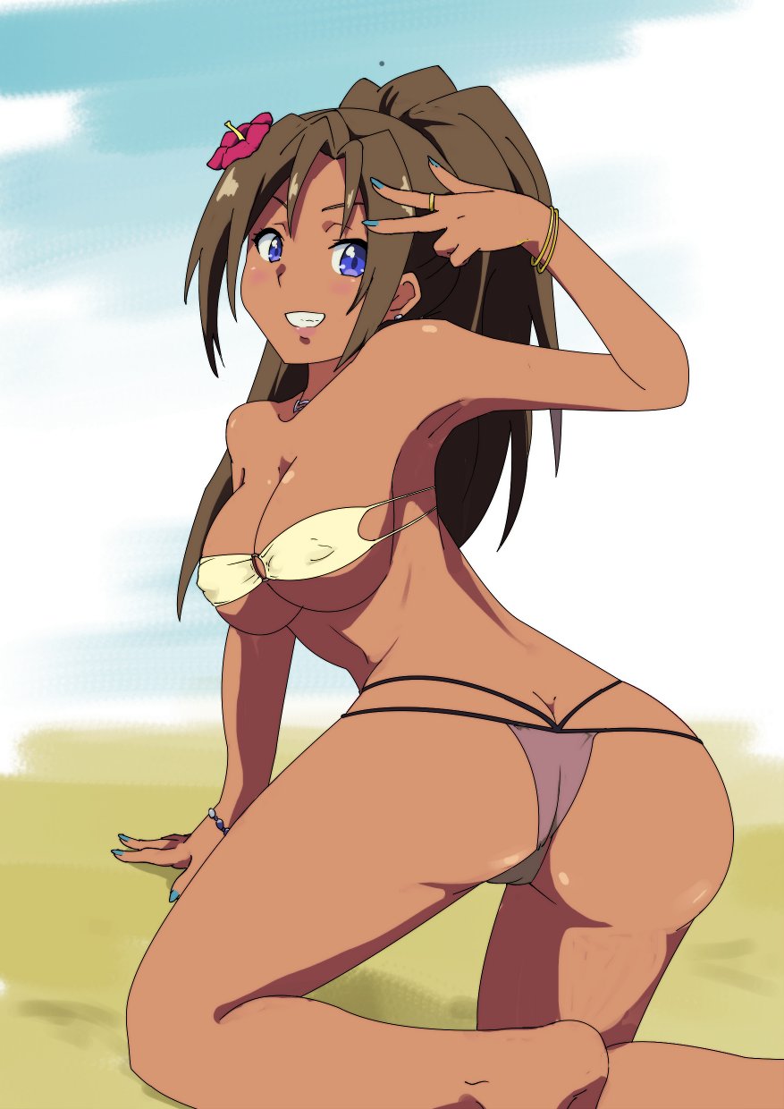 10s 1girl ass bikini blue_eyes blush breasts brown_hair butt_crack dark-skinned_female dark_skin female_focus gobanme_no_mayoi_neko highres kandagawa_jet_girls large_breasts looking_at_viewer nail_polish shiraishi_manatsu smile solo swimsuit