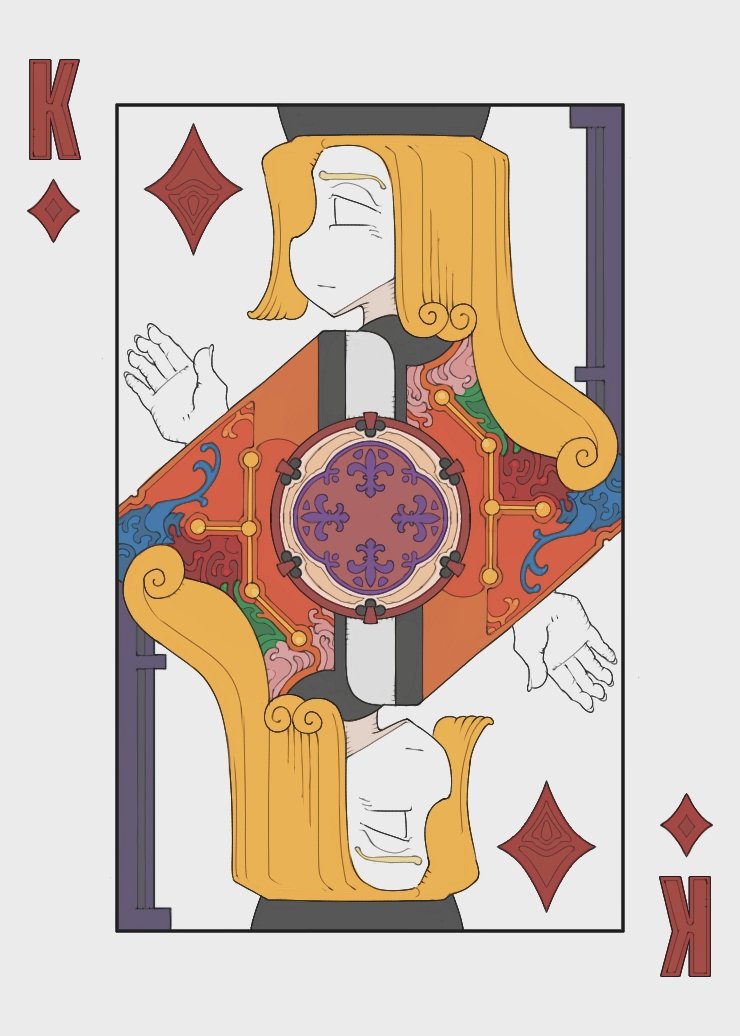 1girl black_hat blonde_hair bolos card closed_mouth constellation constellation_print diamond_(shape) hat king_(playing_card) king_of_diamonds long_hair long_sleeves matara_okina orange_sleeves playing_card solo tabard tate_eboshi touhou wide_sleeves