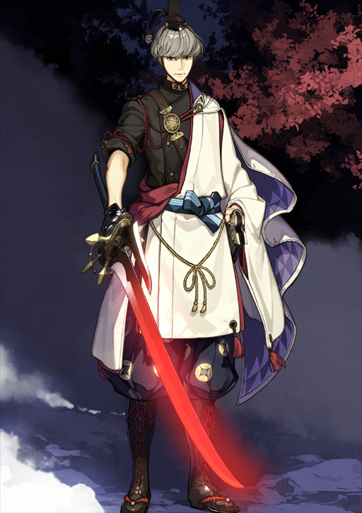1boy arm_at_side belt black_boots black_eyes black_hat black_jacket black_pants blue_sash boots brown_belt cape closed_mouth collared_cape fate/grand_order fate_(series) full_body game_cg gloves glowing glowing_sword glowing_weapon grey_hair hadanugi_dousa hat hidari_(left_side) high_collar holding holding_sheath holding_sword holding_weapon jacket japanese_clothes kimono long_sleeves looking_at_viewer male_focus official_art onikiri_yasutsuna_(fate) open_kimono pants puffy_pants sash shanghai_neckline sheath short_hair shoulder_belt side_cape single_glove solo standing sword tassel tate_eboshi third-party_source two-sided_cape two-sided_fabric undercut variant_set waist_sash watanabe_no_tsuna_(fate) weapon white_cape white_kimono wide_sleeves