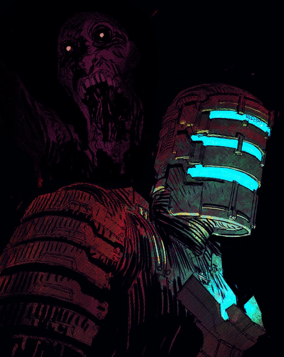 1boy 1other black_background commentary dead_space english_commentary glowing hayden_sherman helmet horror_(theme) isaac_clarke male_focus necromorph open_mouth orange_eyes portrait science_fiction western_comics_(style)
