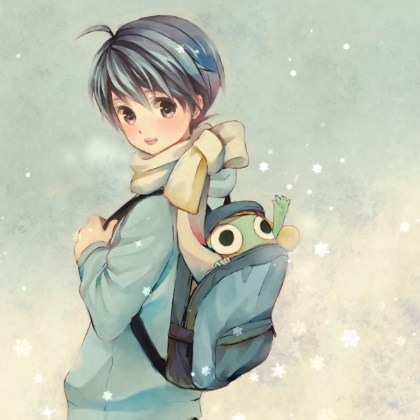 1boy ahoge amu_(m_aa) arm_up backpack bag black_eyes black_hair blue_bag blue_jacket blush commentary_request hinata_fuyuki jacket keroro keroro_gunsou long_sleeves looking_at_viewer looking_back male_focus open_mouth outdoors scarf smile snowing teeth upper_body upper_teeth_only white_scarf