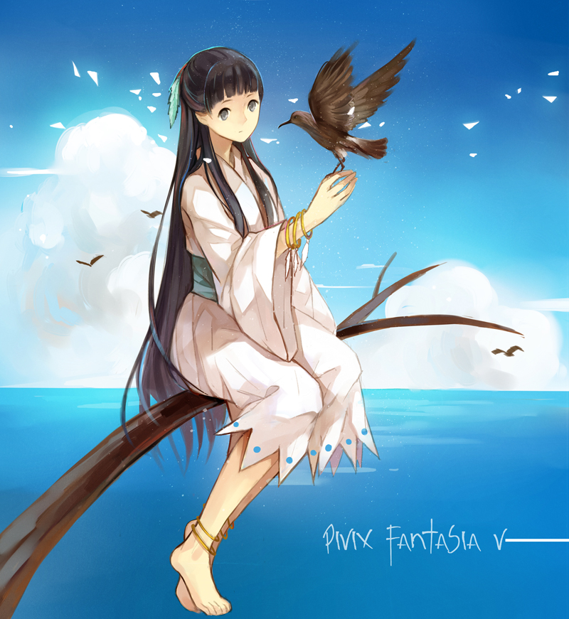 1girl anklet azura bad_id bad_pixiv_id barefoot bird bird_on_hand black_hair blunt_bangs bracelet branch cloud day dress feet female_focus grey_eyes hair_ribbon half_updo in_tree jewelry kaka123 long_hair ocean pixiv_fantasia pixiv_fantasia_5 ribbon sitting sitting_in_tree sky solo tree very_long_hair water white_dress wide_sleeves