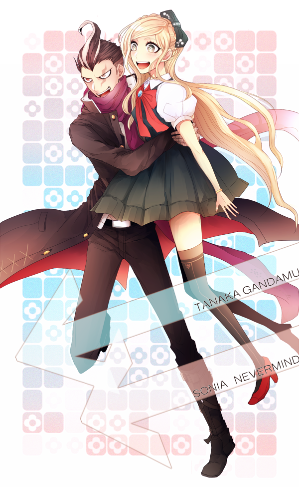 10s 1boy 1girl arrow_(symbol) bandages black_hair blonde_hair boots bow braid carrying character_name chuunibyou danganronpa_(series) dress hair_bow hetero heterochromia high_heels hug jacket long_hair miya_(myasg) multicolored_hair open_mouth ponytail scar scarf short_hair sonia_nevermind spike_(company) danganronpa_2:_goodbye_despair tanaka_gundham tanaka_gundam thighhighs