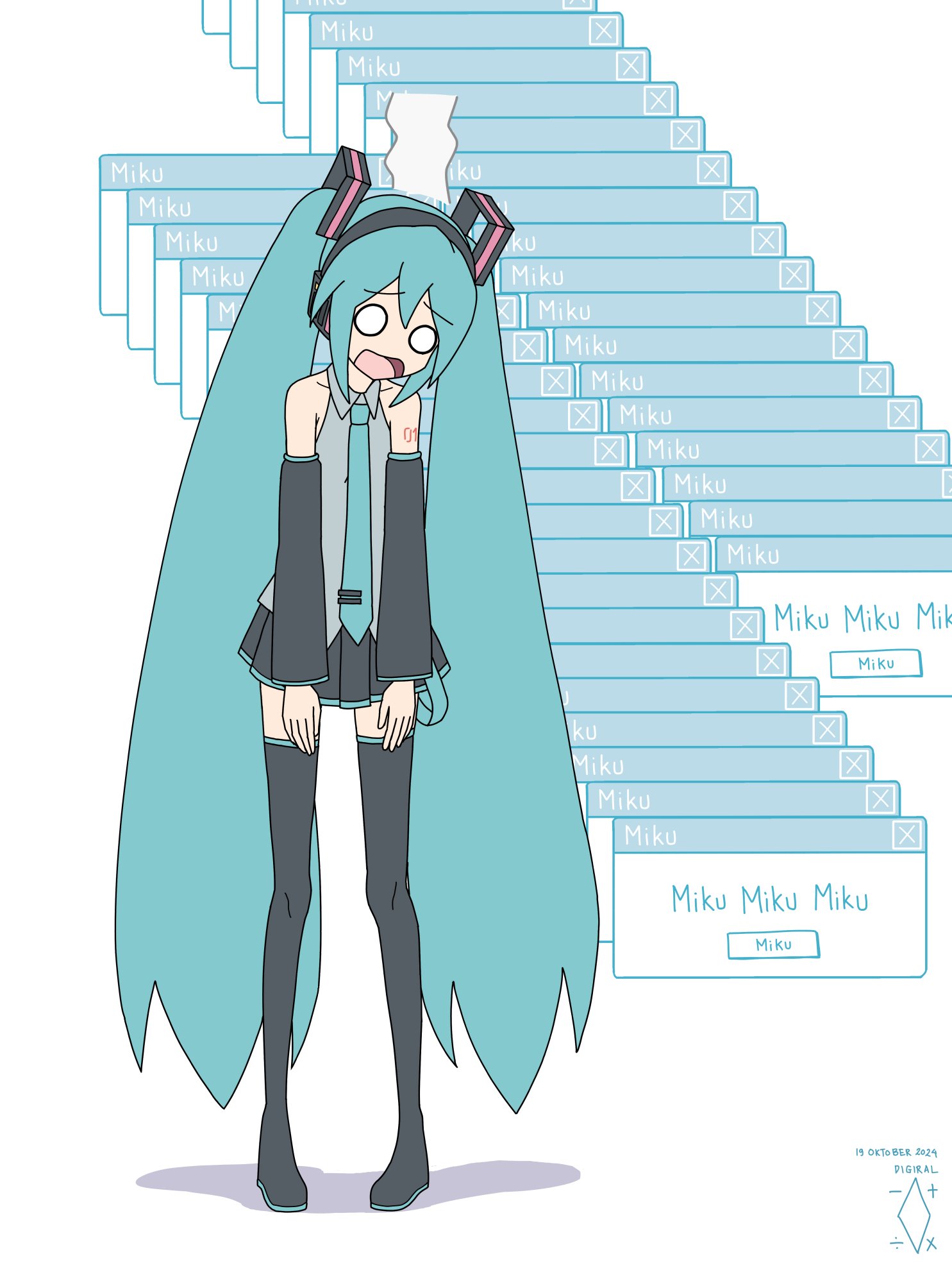 1girl aqua_hair artist_logo artist_name black_boots black_skirt black_sleeves boots collared_shirt commentary dated detached_sleeves digiral english_commentary error_message grey_shirt hair_ornament hatsune_miku headphones highres logo long_hair long_sleeves miniskirt o_o open_mouth pleated_skirt shirt simple_background skirt sleeveless sleeveless_shirt solo standing thigh_boots thighhighs twintails very_long_hair vocaloid white_background zettai_ryouiki