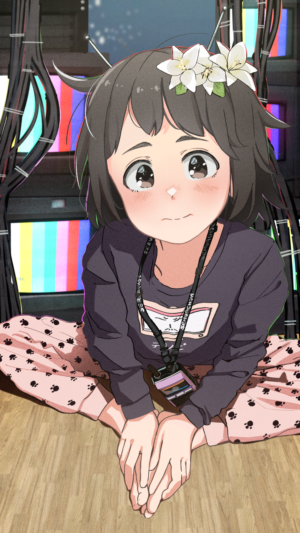 1girl antennae artist_name barefoot black_shirt black_sweater blush bob_cut brown_eyes brown_hair butterfly_sitting cable closed_mouth clothes_writing collarbone commentary crt flower full_body hair_flower hair_ornament hair_strand hands_on_feet hands_on_own_feet head_tilt highres indoors lanyard leaning_forward long_sleeves looking_at_viewer messy_hair night on_floor original own_hands_together pajamas pants paw_print paw_print_pattern pink_pants rabbit_ears_antenna radio_antenna russian_commentary servachok shirt short_hair sitting snow snowing solo spread_legs stack sweater tanya_(servachok) television test_card toes translated wavy_mouth white_flower wide_spread_legs window wooden_floor