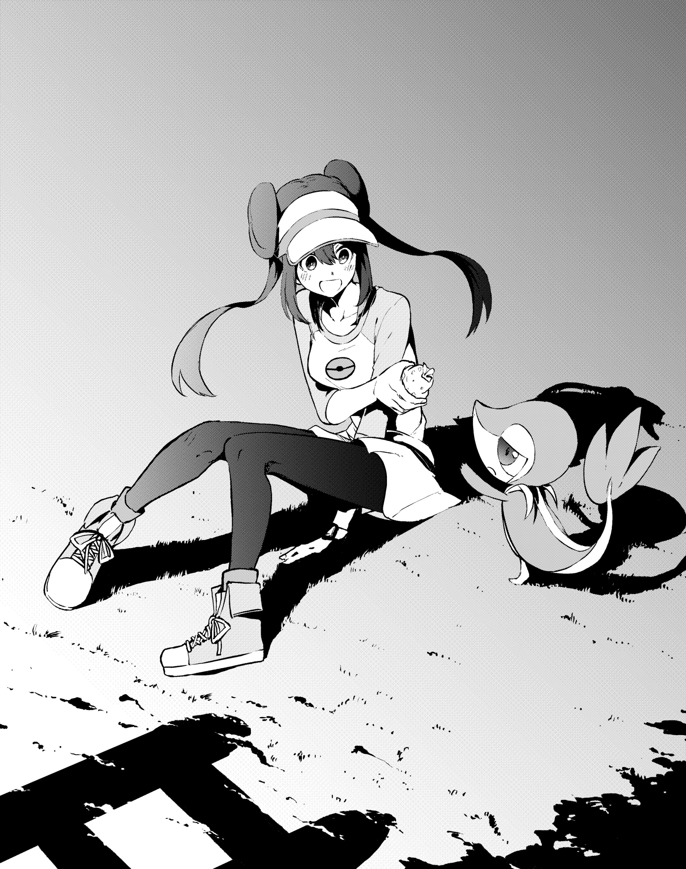 1girl absurdres berry berry_(pokemon) double_bun food fruit gen_5_pokemon greyscale hair_bun highres monochrome nintendo on_grass pantyhose pokemon pokemon_(creature) pokemon_bw2 rosa_(pokemon) sitting skirt smile snivy tsukamoto_minori twintails visor_cap