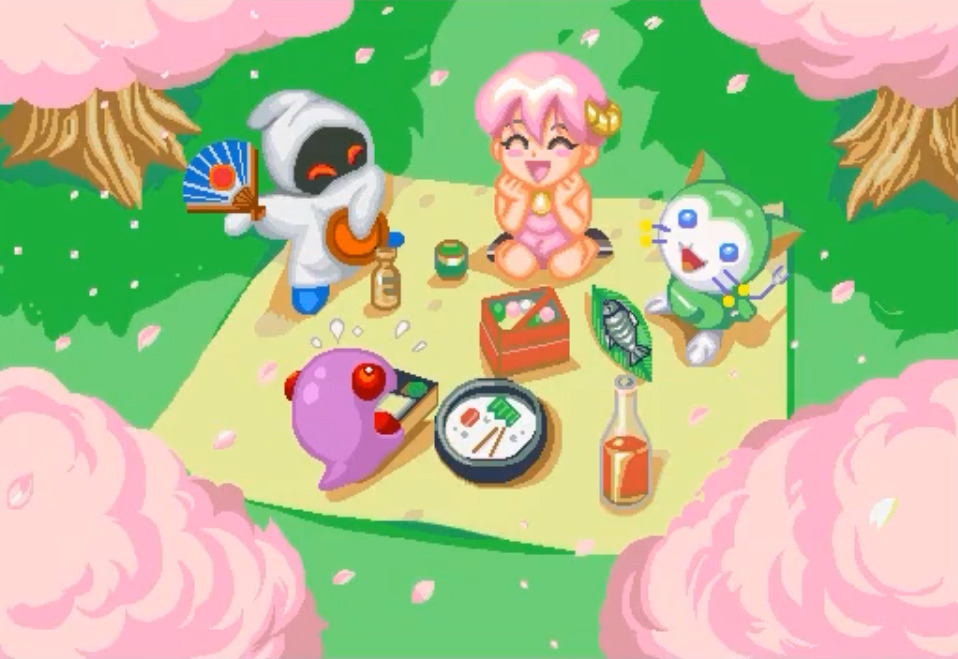 bottle bubble_bobble cherry_blossoms fish folding_fan food hand_fan maita_(bubble_bobble) monsta_(bubble_bobble) packy_(puzzle_bobble) puzzle_bobble taito woolen_(puzzle_bobble)