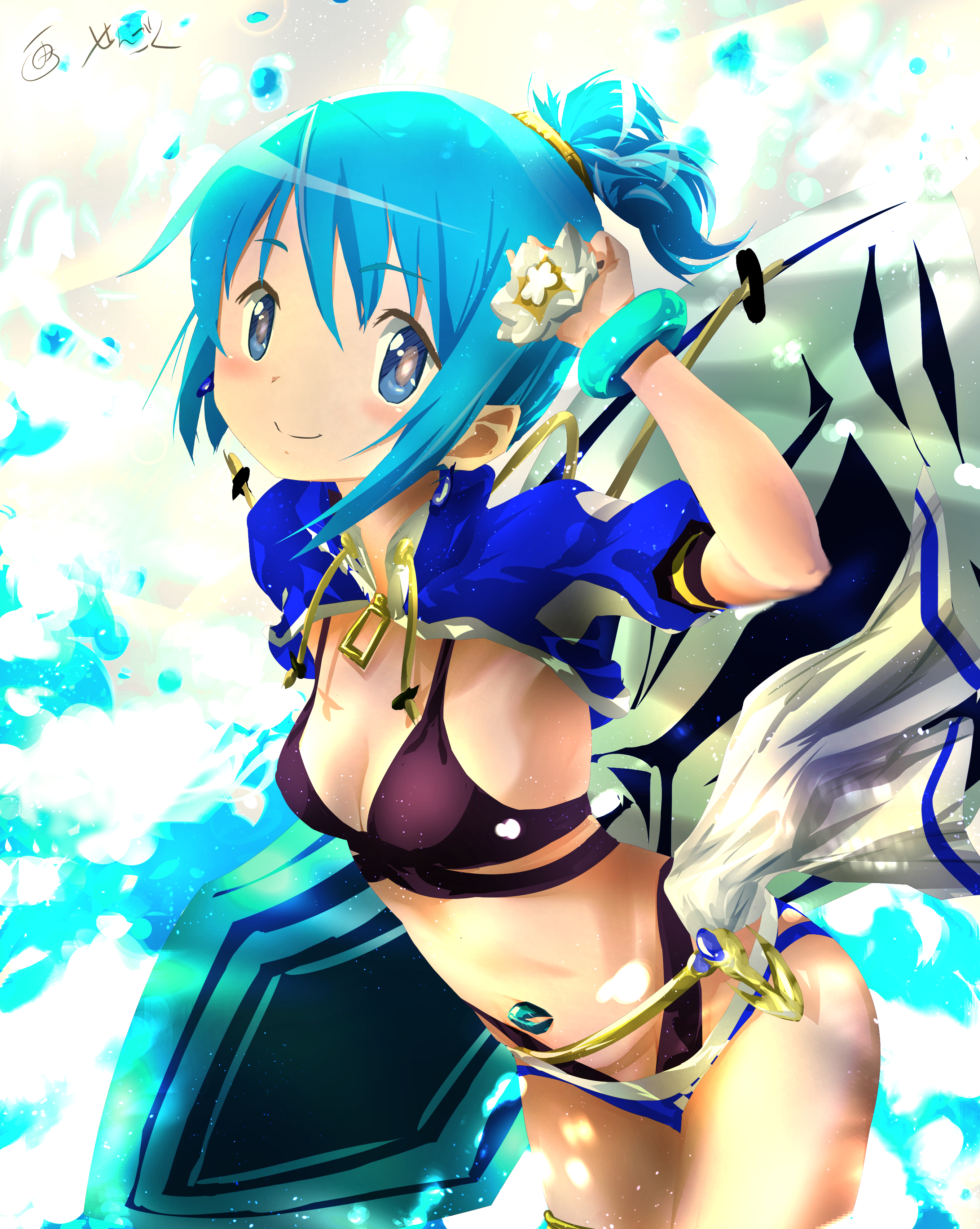 absurdres blue_eyes blue_hair breasts cleavage highres magia_record:_mahou_shoujo_madoka_magica_gaiden mahou_shoujo_madoka_magica miki_sayaka miki_sayaka_(surfer_ver.) sengoku_chidori short_hair swimsuit tagme