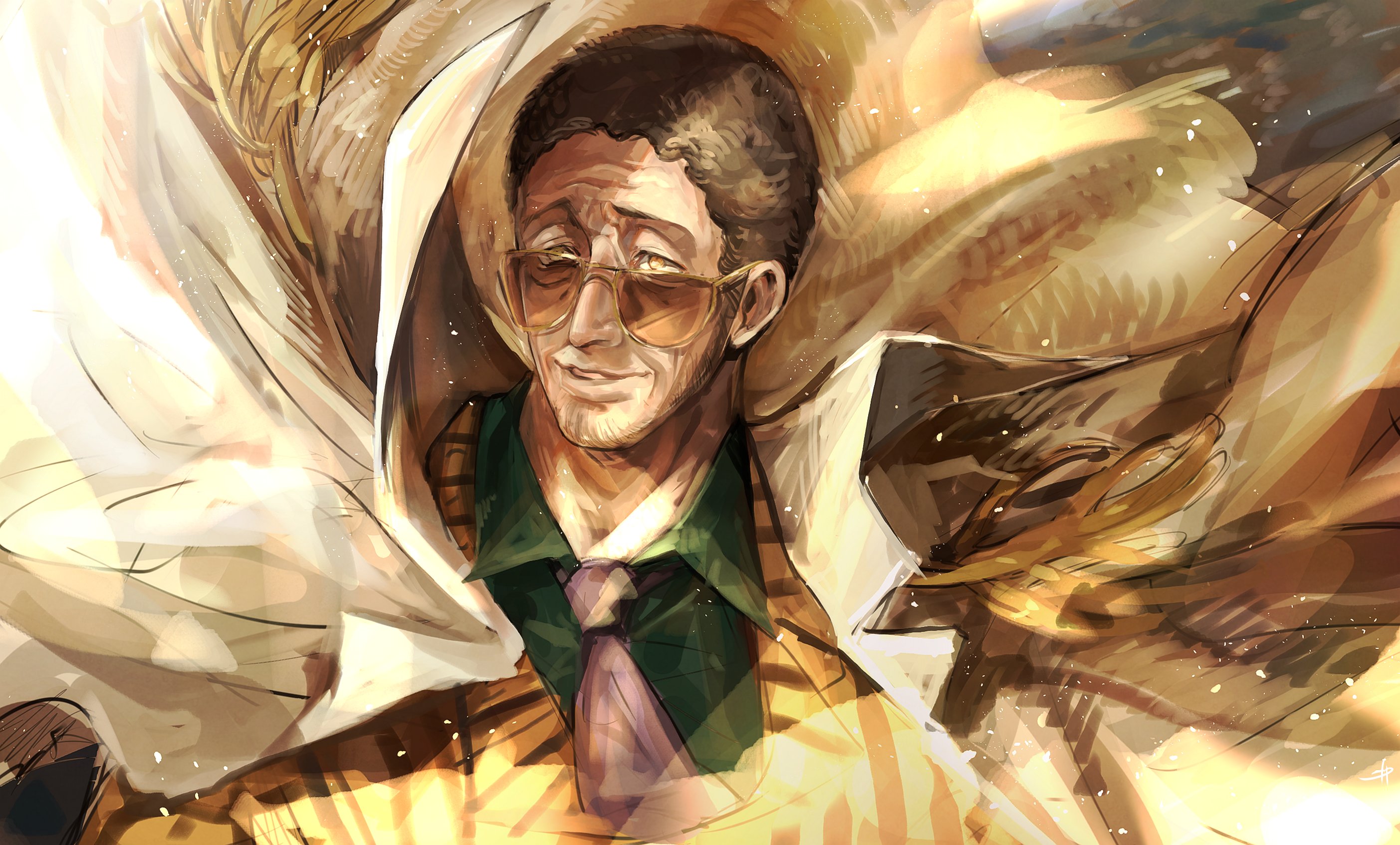 1boy 6cheetah black_hair borsalino_(kizaru) facial_hair formal_clothes highres long_sideburns looking_ahead male_focus mature_male mustache_stubble one_piece photokinesis short_hair sideburns smile solo sparse_stubble stubble suit sunglasses upper_body wrinkled_skin