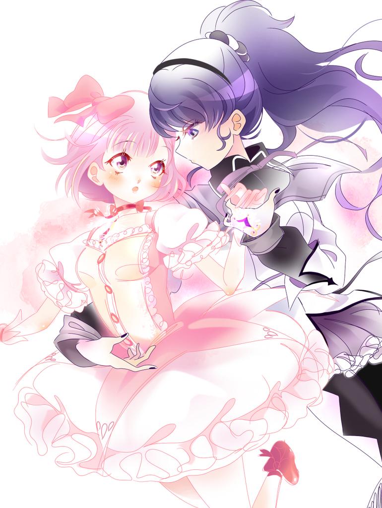2girls :o akemi_homura akemi_homura_(cosplay) akemi_homura_(magical_girl) argyle_clothes argyle_footwear arm_around_waist asahina_mafuyu back_bow bad_id bad_twitter_id black_boots black_capelet black_hairband black_nails black_scrunchie boots bow bow_choker bowtie bubble_skirt buttons capelet center_frills chest_jewel chocofish choker closed_mouth collarbone collared_capelet commentary cosplay cowboy_shot dress eyelashes floating_clothes floating_hair foot_out_of_frame footwear_bow frilled_dress frilled_skirt frilled_sleeves frills gem gloves hair_bow hair_ornament hair_scrunchie hairband hand_jewel hashtag-only_commentary holding_hands kaname_madoka kaname_madoka_(cosplay) kaname_madoka_(magical_girl) layered_sleeves leg_up light_blush long_hair long_sleeves looking_at_another magical_girl mahou_shoujo_madoka_magica mahou_shoujo_madoka_magica_(anime) miniskirt multiple_girls nail_polish ootori_emu open_mouth pink_bow pink_dress pink_eyes pink_gemstone pink_hair pleated_skirt ponytail project_sekai puffy_short_sleeves puffy_sleeves purple_bow purple_bowtie purple_capelet purple_eyes purple_gemstone purple_hair purple_skirt red_bow red_choker red_shoes scrunchie shoes short_dress short_hair short_sleeves skirt skirt_under_dress square_neckline thigh_boots two-tone_capelet two-tone_scrunchie very_long_hair white_background white_dress white_gloves white_scrunchie white_skirt white_sleeves yuri