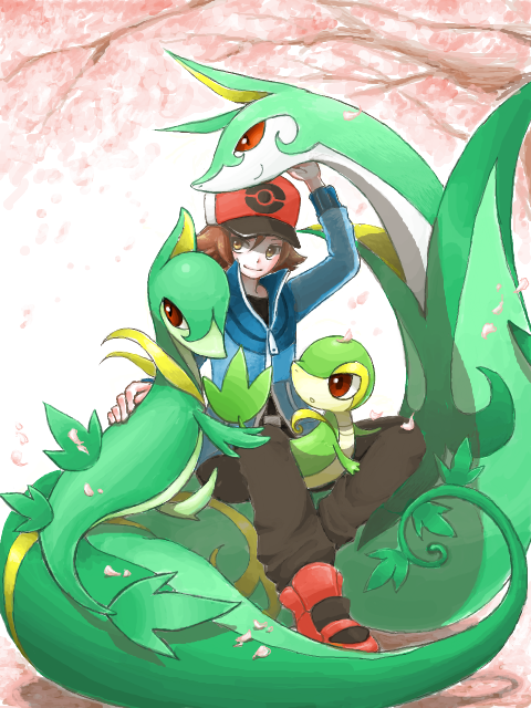 1boy brown_eyes brown_hair closed_mouth evolutionary_line gen_5_pokemon hat hilbert_(pokemon) jacket male_focus mariemon nintendo petals pokemon pokemon_(creature) pokemon_bw red_eyes serperior servine shoes smile snivy tree