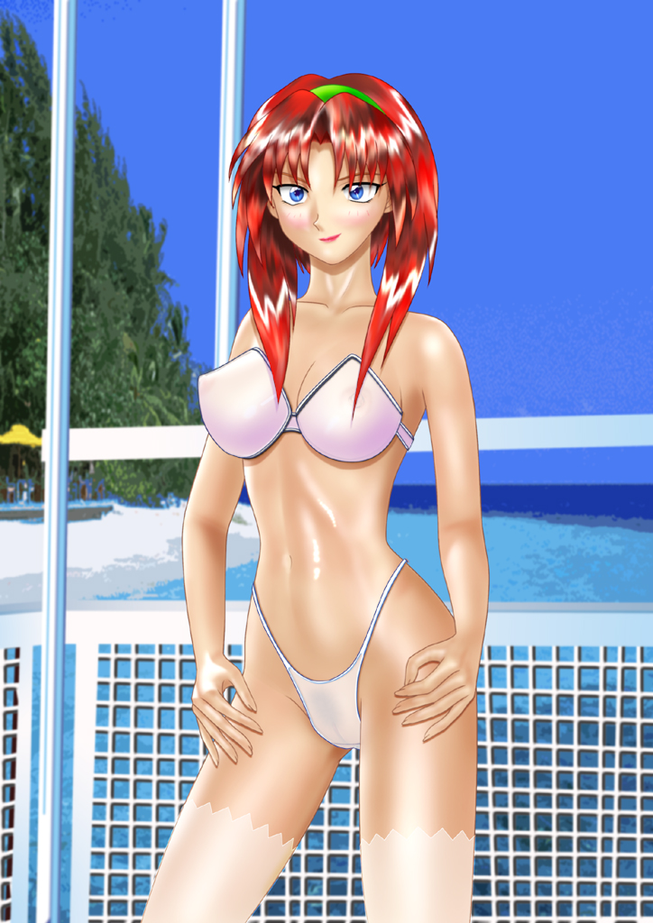 1girl agent_aika aika_(series) blue_eyes bra breasts closed_mouth female_focus maypia_alexymetalia navel outdoors panties red_hair short_hair skin_tight skirt solo standing tan tanline underwear white_bra white_panties yuusuke_(ziyasu)