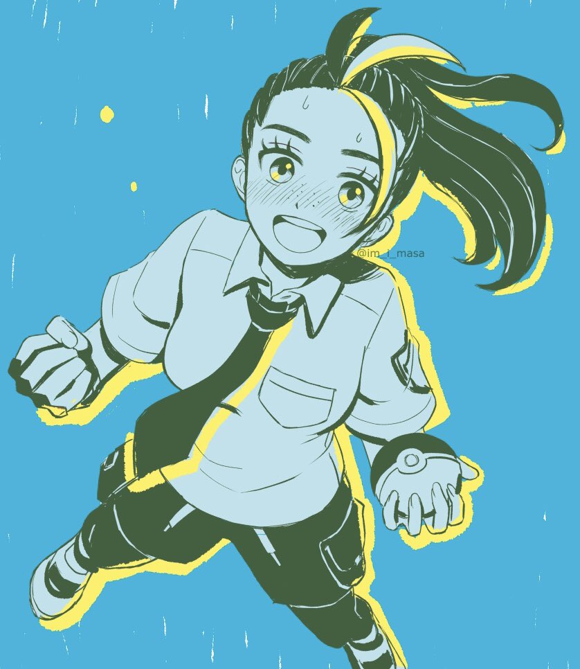 1girl :d aqua_background blush breast_pocket breasts clenched_hands collared_shirt commentary_request eyelashes freckles im_i_masa looking_at_viewer medium_breasts necktie nemona_(pokemon) nintendo open_mouth pantyhose pocket pokemon pokemon_sv ponytail shirt shoes shorts smile solo sweat teeth tongue upper_teeth_only watermark