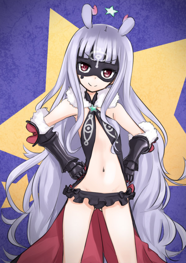 10s 1girl antenna_hair bare_shoulders blunt_bangs female_focus fur_trim gauntlets gloves hoshimiya_kate long_hair lowleg lowleg_skirt mask midriff navel red_eyes sekai_seifuku:_bouryaku_no_zvezda silent_sakia silver_hair skirt smile solo star_(symbol) venera-sama very_long_hair