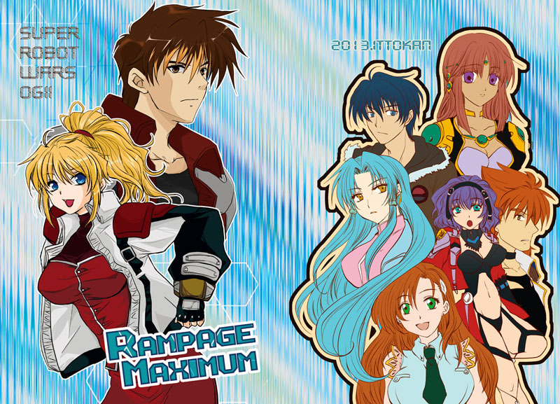 5girls aqua_centolm aqua_hair ariel_org banpresto bare_legs bare_shoulders blonde_hair blue_eyes breasts cleavage cliana_rimskaya coat dark-skinned_female dark_skin earrings excellen_browning glacies green_eyes hair_ornament hairband jacket jewelry joshua_radcliffe long_hair multiple_girls necktie open_mouth orange_hair pink_eyes pink_hair ponytail real_robot_regiment short_hair smile super_robot_wars super_robot_wars_destiny super_robot_wars_mx super_robot_wars_original_generation the_2nd_super_robot_wars_og yellow_eyes