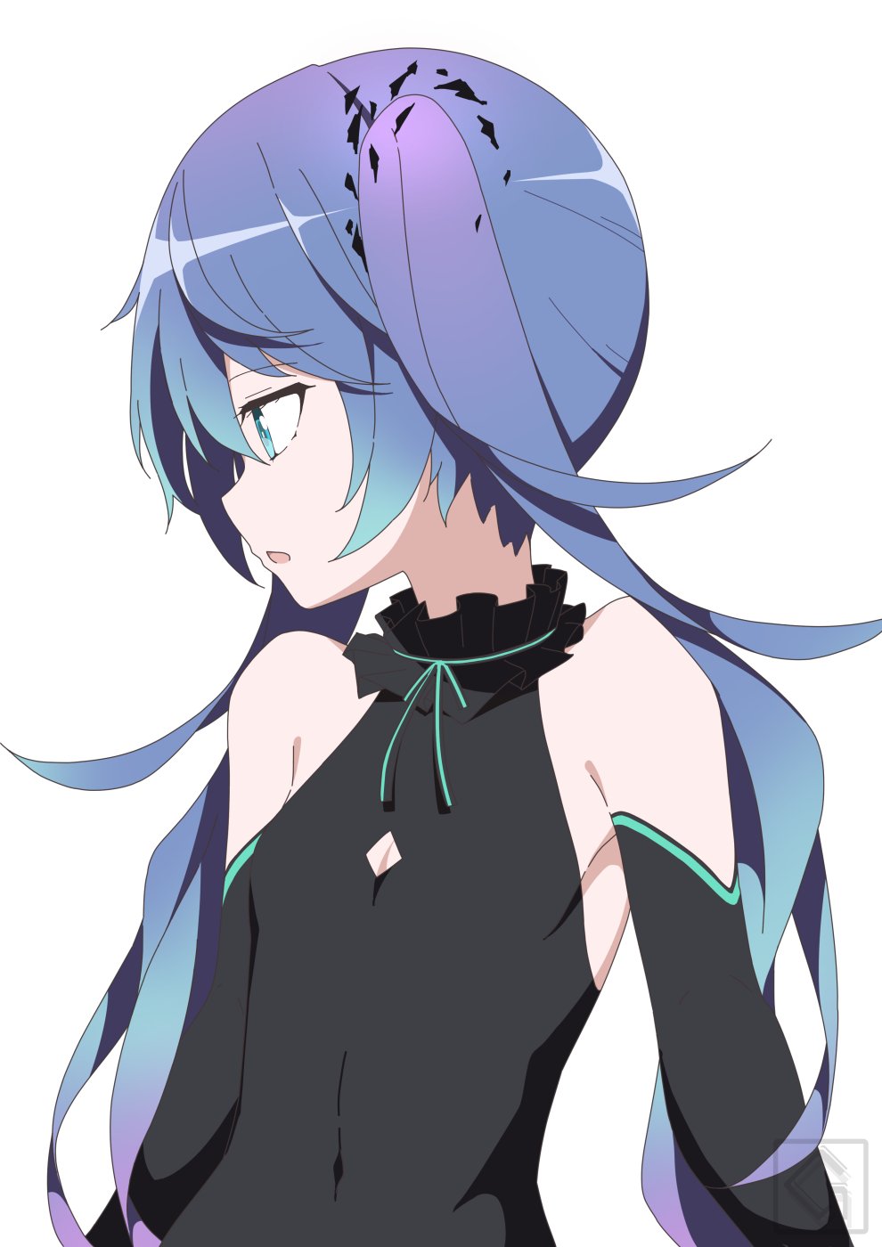 1girl aqua_eyes armpit_crease bare_shoulders black_dress black_sleeves blue_hair cleavage_cutout clothing_cutout collar commentary detached_sleeves dress flat_chest frilled_collar frills ghost_rule_(vocaloid) giryu gradient_hair hatsune_miku highres long_hair looking_away looking_to_the_side multicolored_hair neck_ribbon open_mouth purple_hair ribbon skin_tight sleeveless sleeveless_dress solo striped_ribbon twintails upper_body very_long_hair vocaloid
