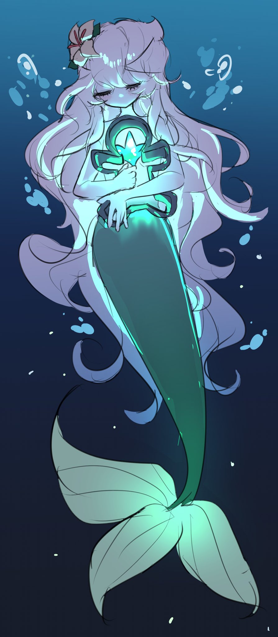 1girl closed_mouth cookie_run cookie_run:_kingdom crk_gyul flower gloves green_gloves hair_flower hair_ornament highres humanization long_hair mermaid monster_girl simple_background solo underwater very_long_hair white_flower white_hair white_lily white_lily_cookie