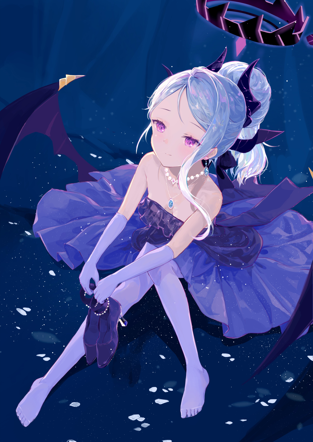 1girl black_halo black_horns blue_archive blue_gemstone breasts demon_girl demon_horns demon_wings dress earrings elbow_gloves forehead forest_0 gem gloves halo high_heels highres hina_(blue_archive) hina_(dress)_(blue_archive) horns jewelry light_particles low_wings multicolored_halo multiple_horns necklace official_alternate_costume official_alternate_hairstyle pantyhose parted_bangs pendant purple_dress purple_eyes purple_wings sitting small_breasts strapless strapless_dress two-tone_halo white_hair wings