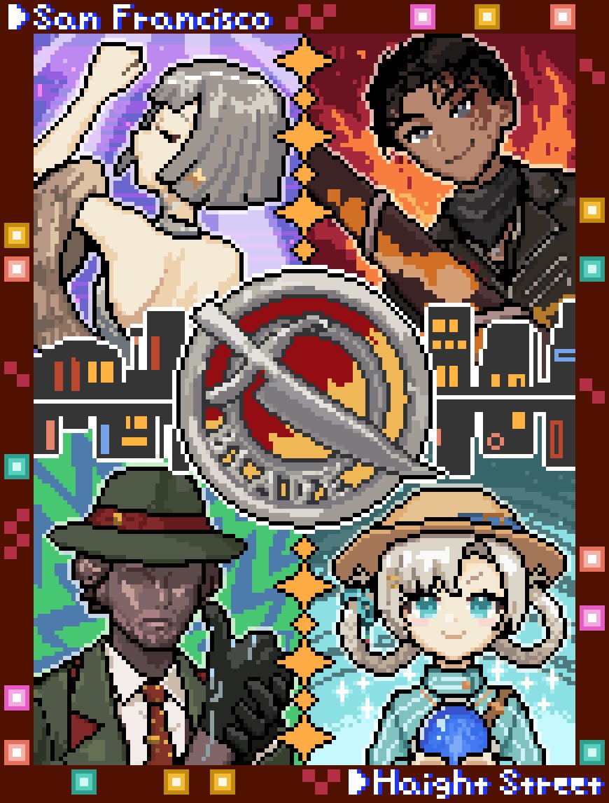2boys 2girls arm_up back badge ball bare_shoulders black_gloves black_hair black_jacket black_neckerchief blue_eyes blue_shrug blunt_bangs blunt_ends boater_hat border braid braided_hair_rings burn_scar closed_eyes closed_mouth collared_shirt crystal_ball english_text feather_boa fedora fire gloves green_hat green_jacket grey_hair hair_rings hat holding holding_ball jacket j_(reverse:1999) looking_at_viewer mannequin matilda_bouanich matilda_bouanich_(the_genius&#039;s_holiday) mercuria_(reverse:1999) multiple_boys multiple_girls nashinome_(y5wlht) neckerchief necktie official_alternate_costume own_hands_together pioneer_(reverse:1999) pixel_art profile red_border red_necktie reverse:1999 scar scar_on_face shirt short_hair smile thumbs_up upper_body white_shirt yellow_hat