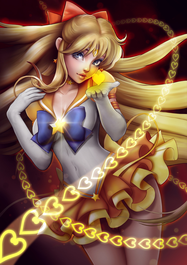 1girl aino_minako bishoujo_senshi_sailor_moon bishoujo_senshi_sailor_moon_stars blonde_hair blowing_kiss blue_eyes bow breasts brooch choker cleavage commentary earrings elbow_gloves eyeshadow female_focus gloves hair_bow heart jewelry lips long_hair magical_girl makeup nose orange_skirt sailor_collar sailor_venus sidelocks sina_(scrappy) skirt solo sparkle star_(symbol) star_brooch star_earrings super_sailor_venus_(stars) tiara very_long_hair white_gloves