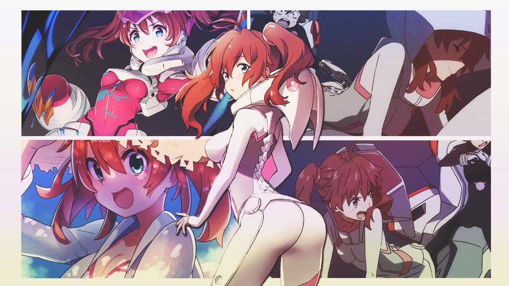 1boy 1girl ass bent_over bikini blue_eyes blue_sky bodysuit breasts brown_hair claws cleavage darling_in_the_franxx from_behind grin hair_between_eyes hat mecha_pilot_suit miku_(darling_in_the_franxx) open_mouth plugsuit_(evangelion) red_hair sidelocks sitting skin_tight sky smile swimsuit thighs twintails white_bodysuit zorome_(darling_in_the_franxx)
