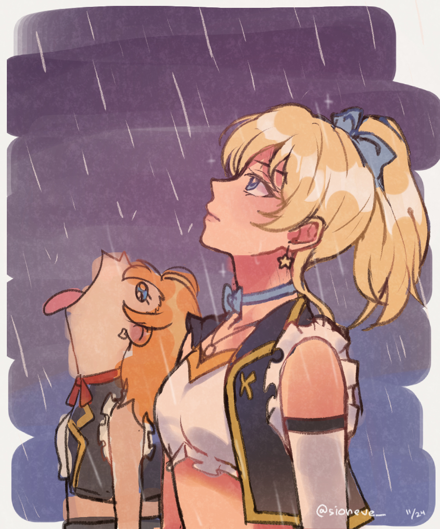 2girls alt_text ayase_eli bandeau black_vest blonde_hair blue_bow blue_choker blue_eyes bow bow_choker breasts choker closed_mouth collarbone commentary dated earrings english_commentary frilled_bandeau frilled_vest frills goku_and_vegeta_in_the_rain_(meme) high_ponytail jewelry kosaka_honoka long_hair looking_up love_live! love_live!_school_idol_project medium_breasts meme multiple_girls necklace no_brand_girls official_alternate_costume open_clothes open_mouth open_vest orange_hair ponytail profile rain red_ribbon ribbon ribbon_choker sioneve star_(symbol) star_earrings stomach tongue tongue_out twitter_username upper_body vest white_bandeau