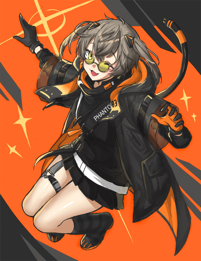 1girl alban_knox black_gloves black_jacket brown_hair fang genderswap genderswap_(mtf) gloves green_eyes jacket medium_hair miniskirt monotsuki nijisanji nijisanji_en one_eye_closed open_mouth pleated_skirt skirt tail thigh_strap thighs twintails virtual_youtuber