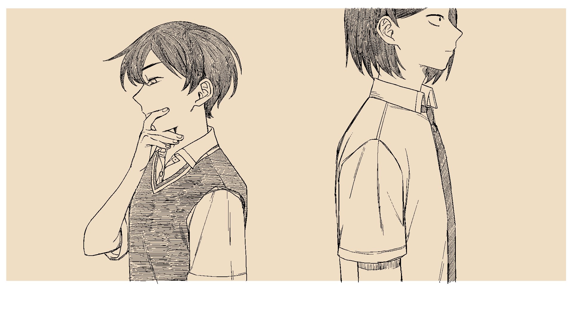 1boy 1girl back-to-back closed_mouth collared_shirt cousins dress_shirt from_side futsuu_no_keion-bu hand_on_own_face height_difference highres kouyama_rin necktie pixie_cut profile rra_(yj) school_uniform shirt short_hair short_sleeves simple_background sweater_vest taguchi_ryuuya thinking upper_body