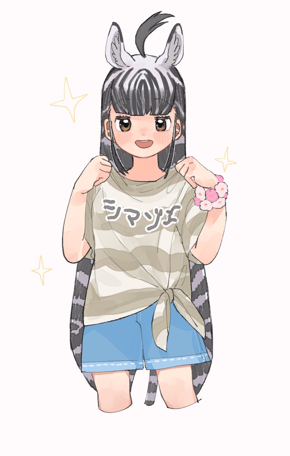 1girl alternate_costume animal_ears animal_print black_hair blue_shorts blunt_bangs bracelet brown_eyes brown_shirt casual cowboy_shot denim denim_shorts extra_ears flower_bracelet hair_between_eyes highres kemono_friends long_hair multicolored_hair plains_zebra_(kemono_friends) shimazoenohibi shirt short_sleeves shorts sidelocks solo striped_clothes striped_shirt t-shirt tied_shirt translation_request two-tone_hair two-tone_shirt white_hair white_shirt zebra_ears zebra_girl zebra_print zebra_tail