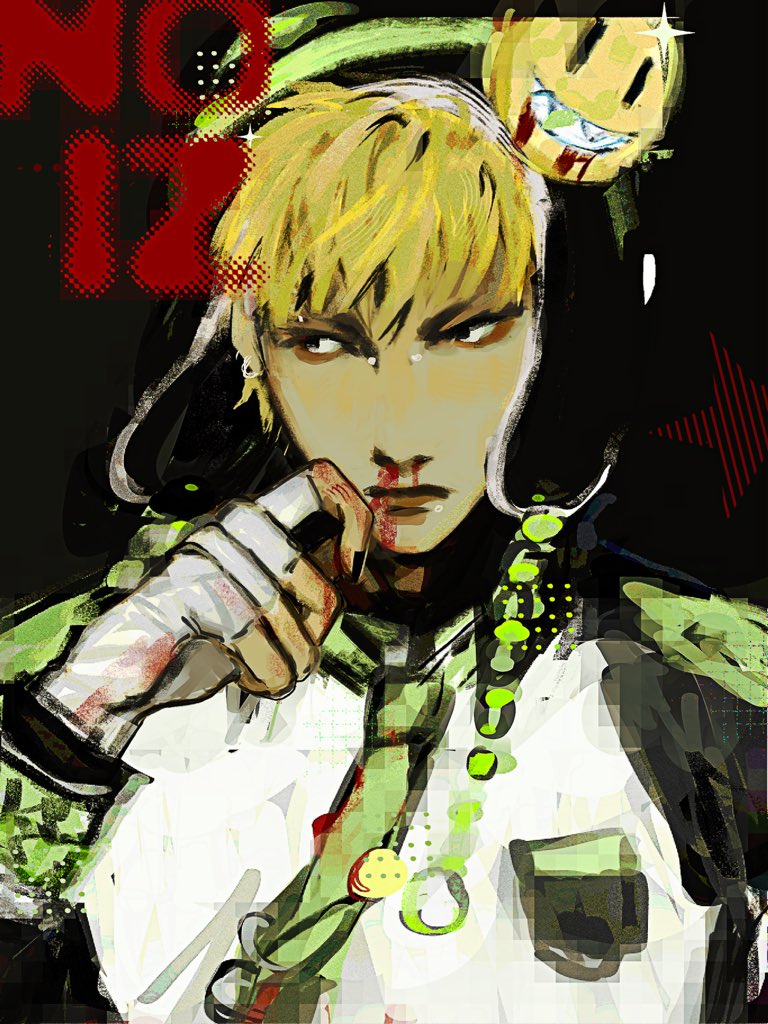 1boy arm_up bandaged_hand bandages beanie blonde_hair blood blood_on_face blood_on_hands bridge_piercing character_name closed_mouth commentary dramatical_murder english_commentary green_necktie hat jacket long_sleeves looking_to_the_side male_focus necktie noiz_(dramatical_murder) nosebleed piercing sharp_teeth sideways_glance smiley_face solo sparkle star_(symbol) teeth upper_body ventowol wiping_face
