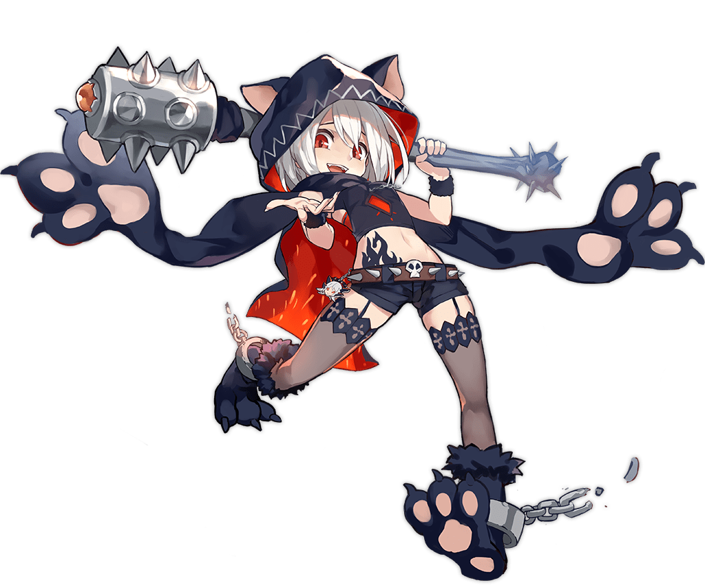 1girl animal_ears animal_hood ark_order belt black_cape black_scarf black_shirt black_shoes black_shorts cape cerberus_(ark_order) chain club_(weapon) cuffs dog_ears fake_animal_ears full_body fur-trimmed_shoes fur_trim garter_straps hades_(ark_order) holding holding_weapon hood hood_up hooded_cape kzhu looking_at_viewer official_art paw_shoes pawpads red_eyes scarf shackles shirt shoes short_hair shorts skull solo spiked_belt stomach_tattoo tachi-e tattoo thighhighs transparent_background weapon white_hair wrist_cuffs
