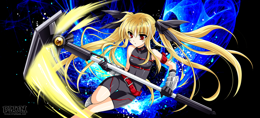 00s 1girl arm_strap armor bardiche_(nanoha) bardiche_(scythe_form)_(nanoha) bare_shoulders belt belt_bra belt_skirt black_gloves blonde_hair bodysuit bow breasts buckle choker collar elbow_gloves energy_weapon fate_testarossa female_focus floating_hair gauntlets gloves glowing greaves hair_bow hair_ribbon halterneck holding holding_weapon kanna_(plum) long_hair looking_to_the_side lyrical_nanoha magical_girl mahou_shoujo_lyrical_nanoha parted_bangs parted_lips polearm red_eyes ribbon scythe sidelocks small_breasts solo thigh_gap turtleneck twintails unitard very_long_hair watermark weapon web_address