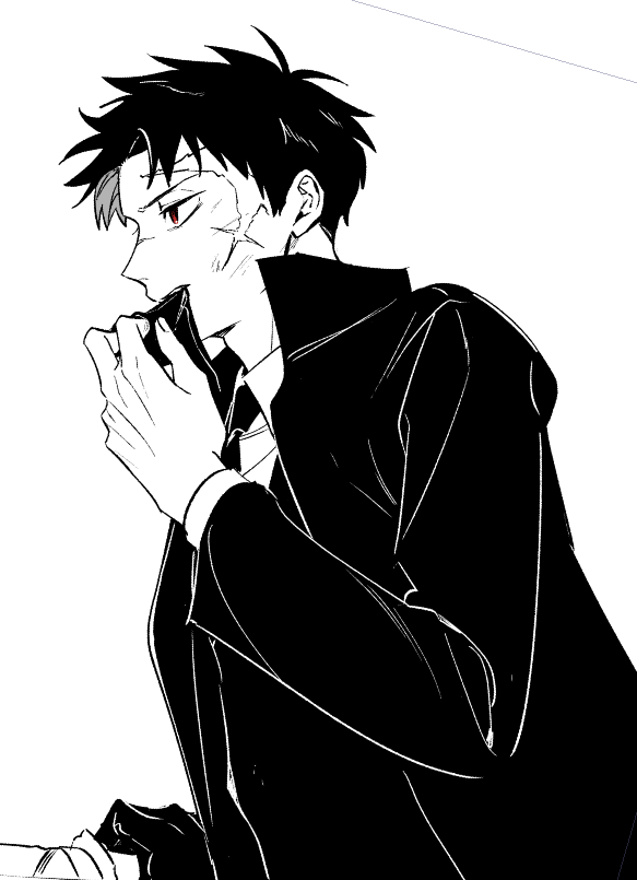1boy coat collared_shirt cott0n_pillow cross_scar glove_in_mouth gloves greyscale hand_up kagurabachi long_sleeves male_focus monochrome mouth_hold necktie profile red_eyes rokuhira_chihiro scar scar_on_face shirt short_hair solo spot_color upper_body