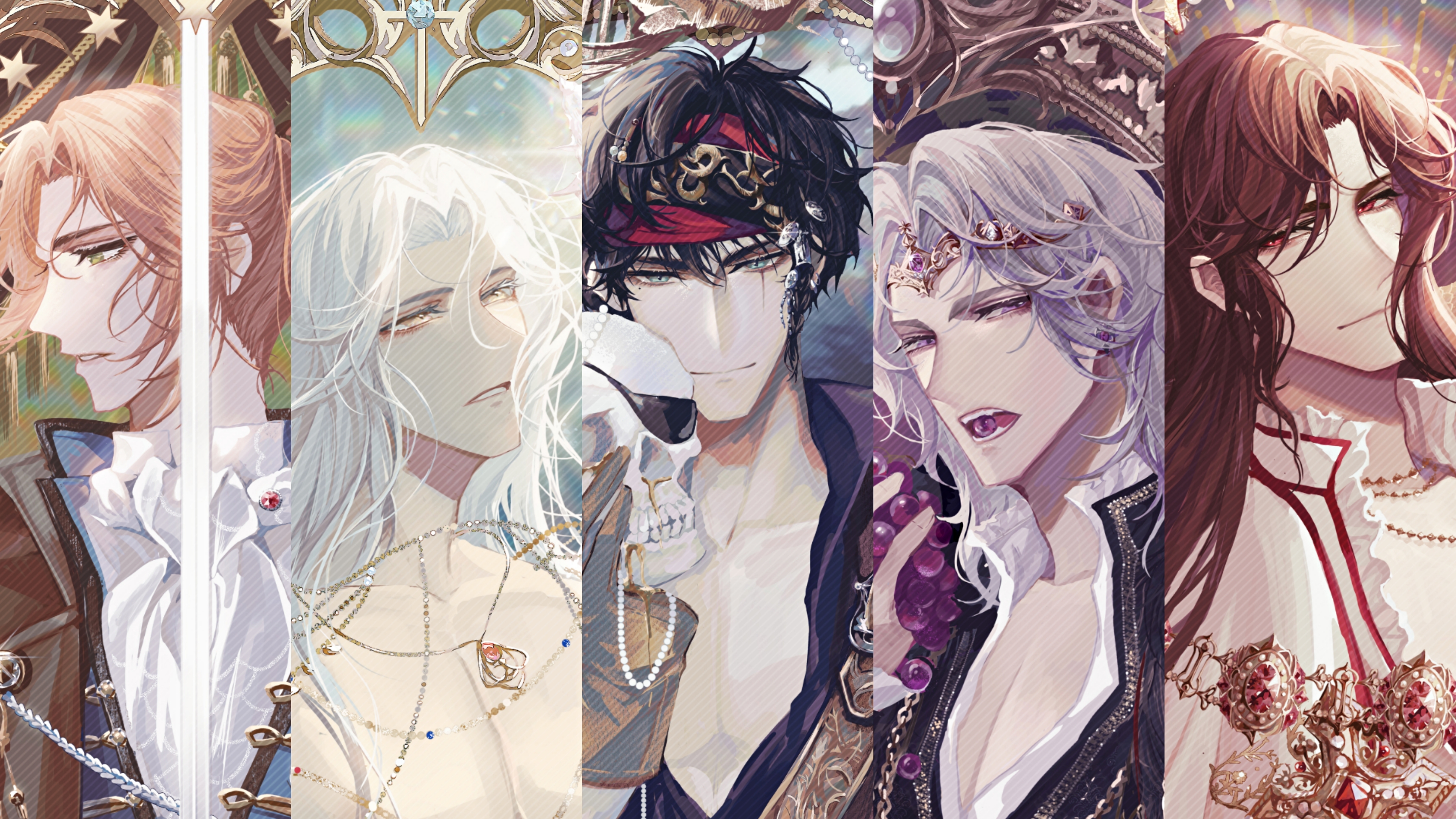 5boys absurdres aqua_eyes ascot black_cape black_hair black_headband black_jacket black_shirt blue_jacket braid brown_hair cape charlie_su circlet closed_mouth column_lineup curtained_hair earrings expressionless fangs food food_in_mouth frilled_shirt_collar frills fruit gem glint gloves gold_necklace grapes green_eyes grey_hair hair_tubes headband highres holding holding_food holding_fruit holding_skull jacket jewelry light_and_night_love long_hair long_sleeves looking_at_viewer looking_to_the_side looking_up lu_chen male_focus multiple_boys necklace open_mouth orange_hair parted_bangs parted_lips partially_unbuttoned pectoral_cleavage pectorals pendant ponytail popped_collar portrait profile purple_eyes purple_gemstone qi_sili red_eyes red_gemstone red_headband scar scar_across_eye scar_on_face shirt short_hair side_braid side_cape single_hair_tube skull smile snow234 sword sword_in_front_of_face weapon white_ascot white_hair white_shirt xia_mingxing xiao_yi_(light_and_night_love) yellow_eyes yellow_gloves