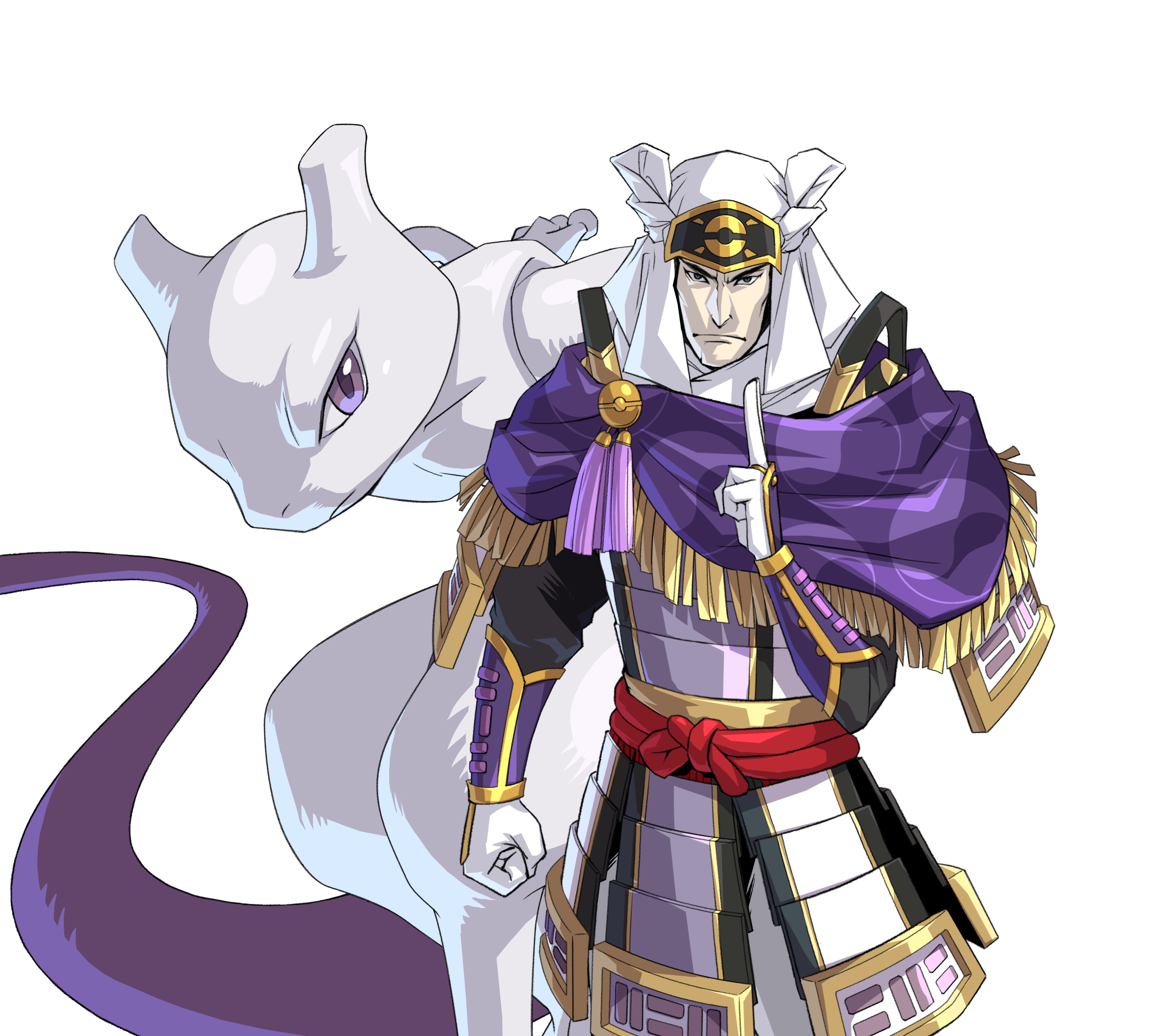 armor cape gen_1_pokemon highres hood legendary_pokemon male_focus mewtwo nintendo official_art pokemon pokemon_(creature) pokemon_conquest samurai sengoku_musou tail uesugi_kenshin