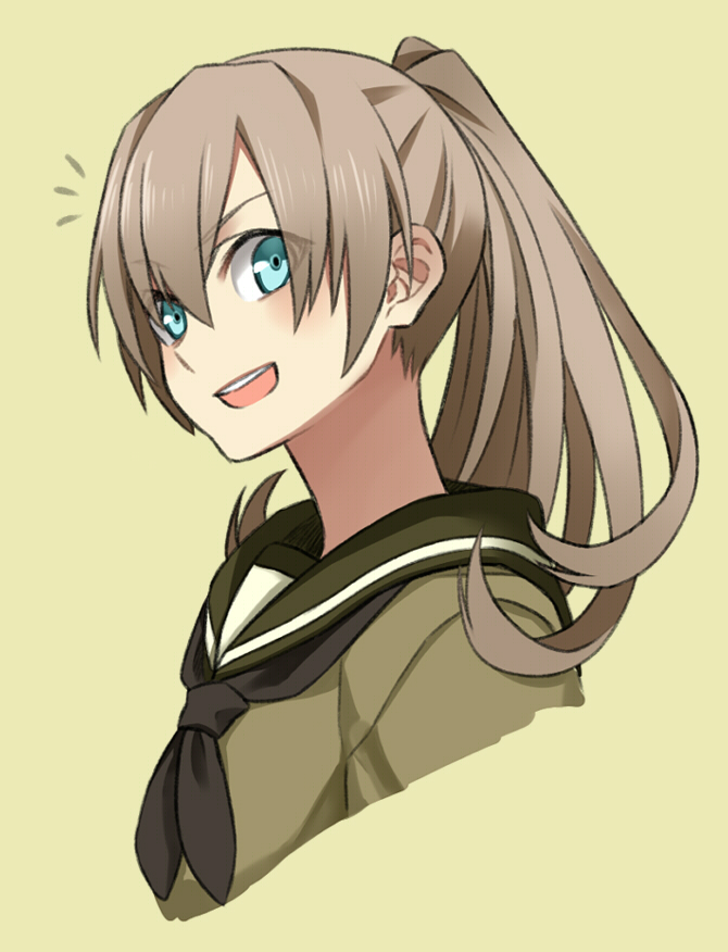 1girl bad_id bad_pixiv_id blue_eyes brown_hair cosplay female_focus kantai_collection kitakami_(kancolle) kitakami_(kancolle)_(cosplay) kumano_(kancolle) long_hair open_mouth ponytail school_uniform serafuku smile solo sora_yoshitake_yuda