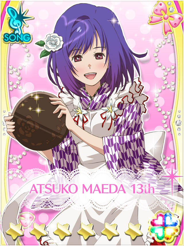 1girl :d akb0048 apron card_(medium) character_name cowboy_shot flower frilled_apron frills hair_flower hair_ornament heart holding holding_tray japanese_clothes kimono looking_at_viewer maeda_atsuko_(akb0048) medium_hair non-web_source official_art open_mouth pink_background polka_dot polka_dot_background purple_eyes purple_hair purple_kimono smile solo sparkle standing star_(symbol) teeth tray treble_clef upper_teeth_only white_apron white_background wide_sleeves