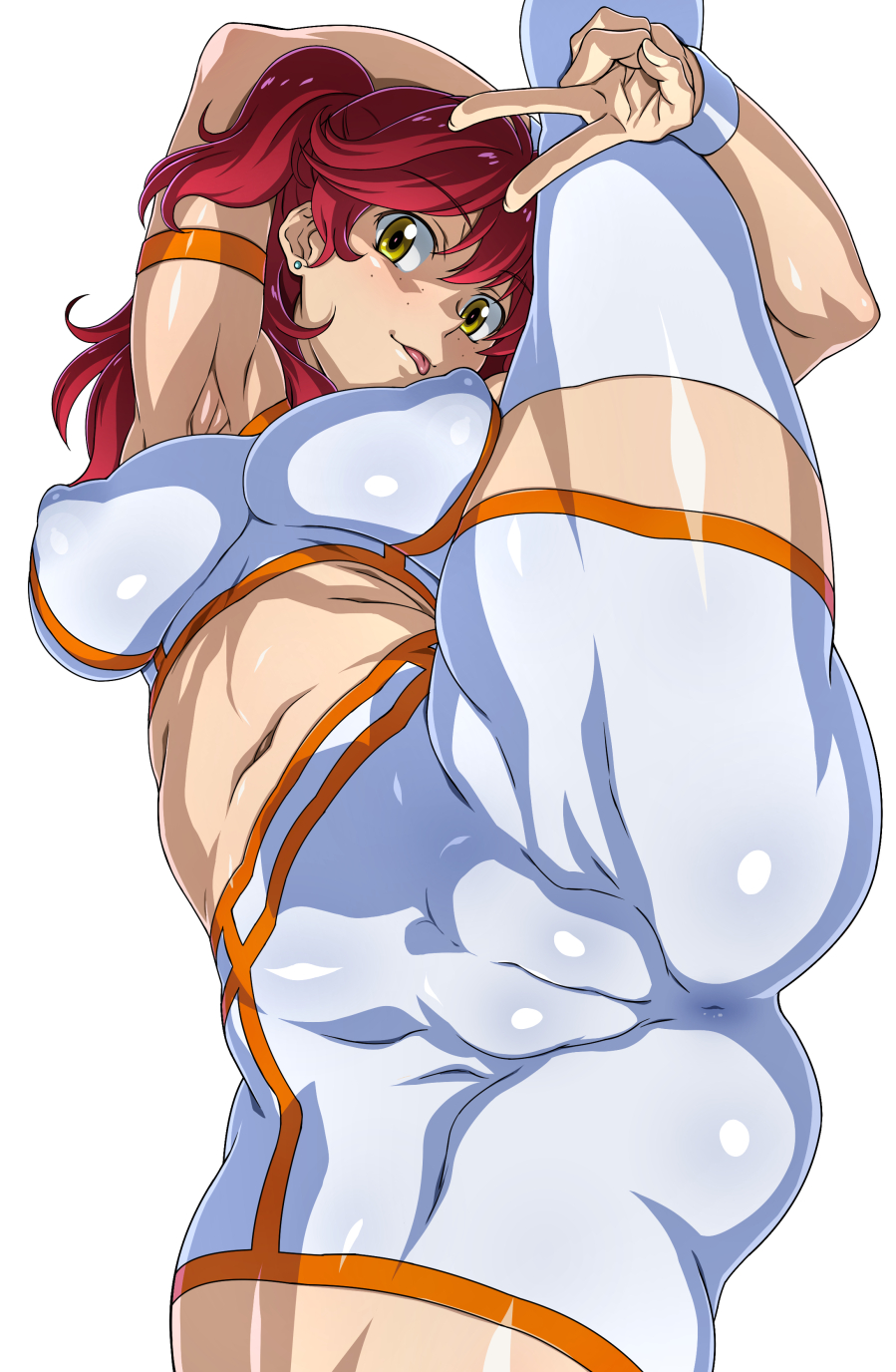 1girl :p anus_visible_through_clothes armband breasts cameltoe commentary_request covered_anus covered_erect_nipples earrings female_pervert freckles gundam gundam_00 highres j.h. jewelry large_breasts leg_up legs_apart long_hair midriff naughty_face navel nena_trinity pervert red_hair s shorts simple_background smile solo split spread_legs standing standing_on_one_leg standing_split stud_earrings thick_thighs thighhighs thighs tongue tongue_out twintails v view_between_legs white_background yellow_eyes