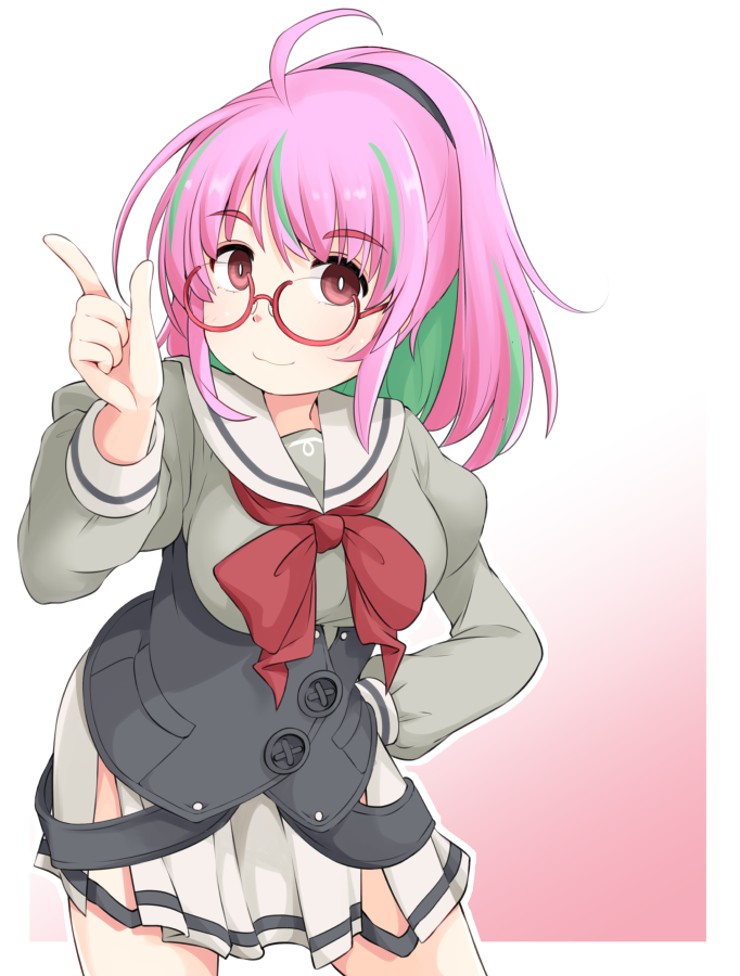 1girl ahoge breasts corset glasses gradient_background green_hair green_shirt grey_sailor_collar grey_skirt juliet_sleeves kantai_collection large_breasts long_sleeves looking_at_viewer multicolored_hair okitarou_(okiyo) pink-framed_eyewear pink_background pink_hair ponytail puffy_sleeves red_eyes sailor_collar sailor_shirt school_uniform serafuku shirt short_hair skirt solo streaked_hair two-tone_background ume_(kancolle) white_background