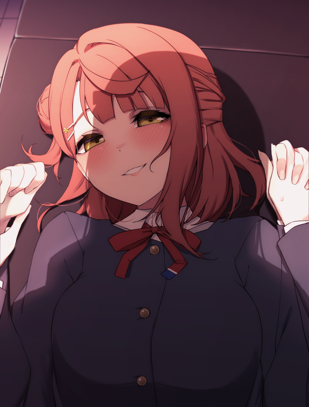 2girls blush commentary_request female_pov green_eyes hair_bun hair_ornament hair_ribbon highres holding_hands long_sleeves looking_at_viewer love_live! love_live!_nijigasaki_high_school_idol_club lying mifune_shioriko multiple_girls nasuno_(nasuno42) nijigasaki_school_uniform on_back pov red_hair red_ribbon ribbon school_uniform shirt short_hair single_hair_bun single_side_bun smile uehara_ayumu white_shirt yuri