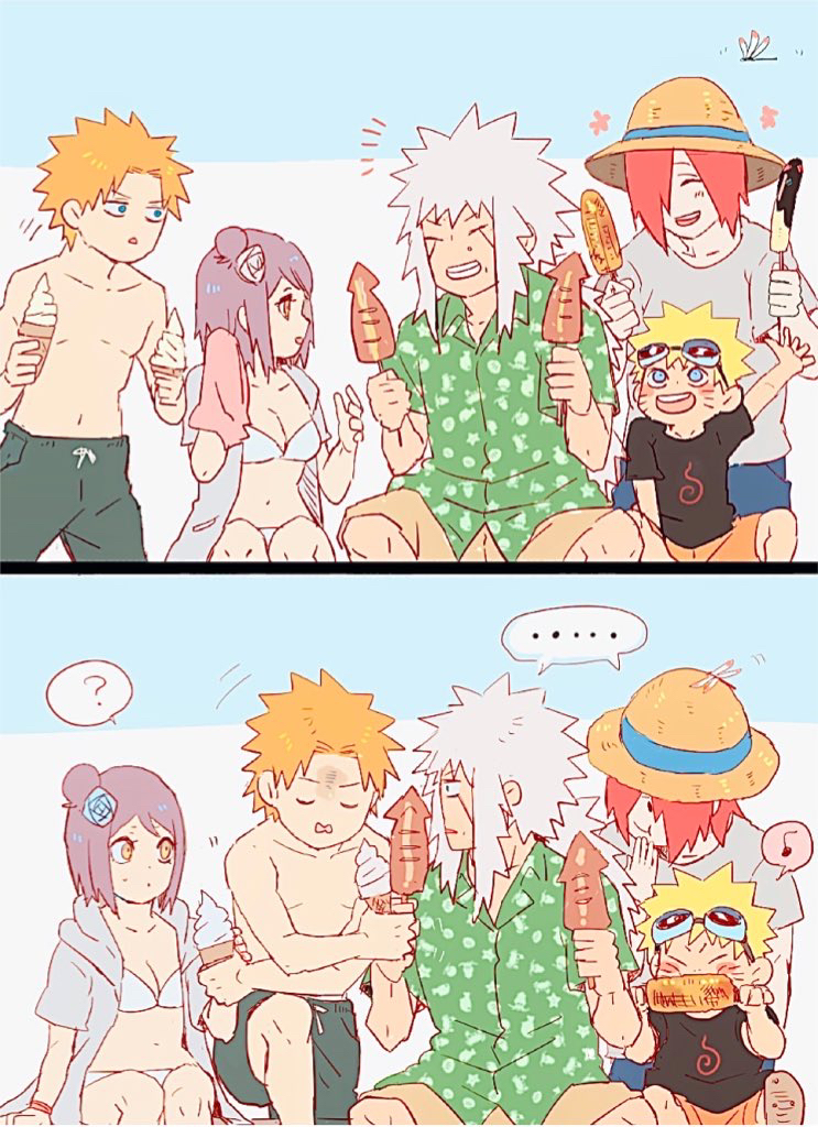 1girl 4boys bikini blonde_hair breasts cleavage closed_eyes eating food hat holding holding_food holding_ice_cream ice_cream jiraiya_(naruto) konan_(naruto) long_hair looking_at_another male_swimwear meitarou multiple_boys nagato_(naruto) naruto_(series) naruto_shippuuden orange_hair purple_hair red_hair short_hair sitting smile straw_hat swimsuit uzumaki_naruto white_bikini yahiko_(naruto)
