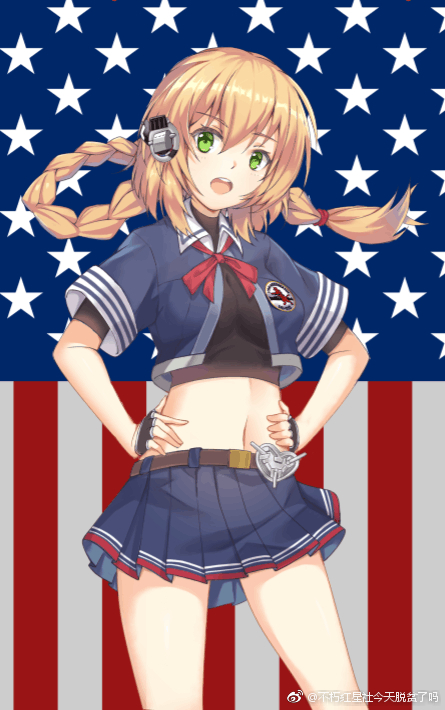 1girl american_flag bare_legs belt blonde_hair blue_skirt braid buxiuhongxingshe_jintiantuopinlema close-up crop_top english_text fingerless_gloves flag_background gloves green_eyes grey_background hand_on_own_hip hands_on_own_hips heermann_(warship_girls_r) legs legs_apart long_hair looking_at_viewer midriff miniskirt navel open_mouth pleated_skirt ribbon short_sleeves skirt solo standing star_(symbol) suspenders thighs twin_braids union_jack warship_girls_r watermark weibo_watermark